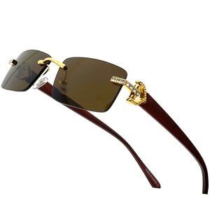 Rimless Sunglasses Gold Accents Rhinestones Wood Grain Arms Men Small Brown Lens